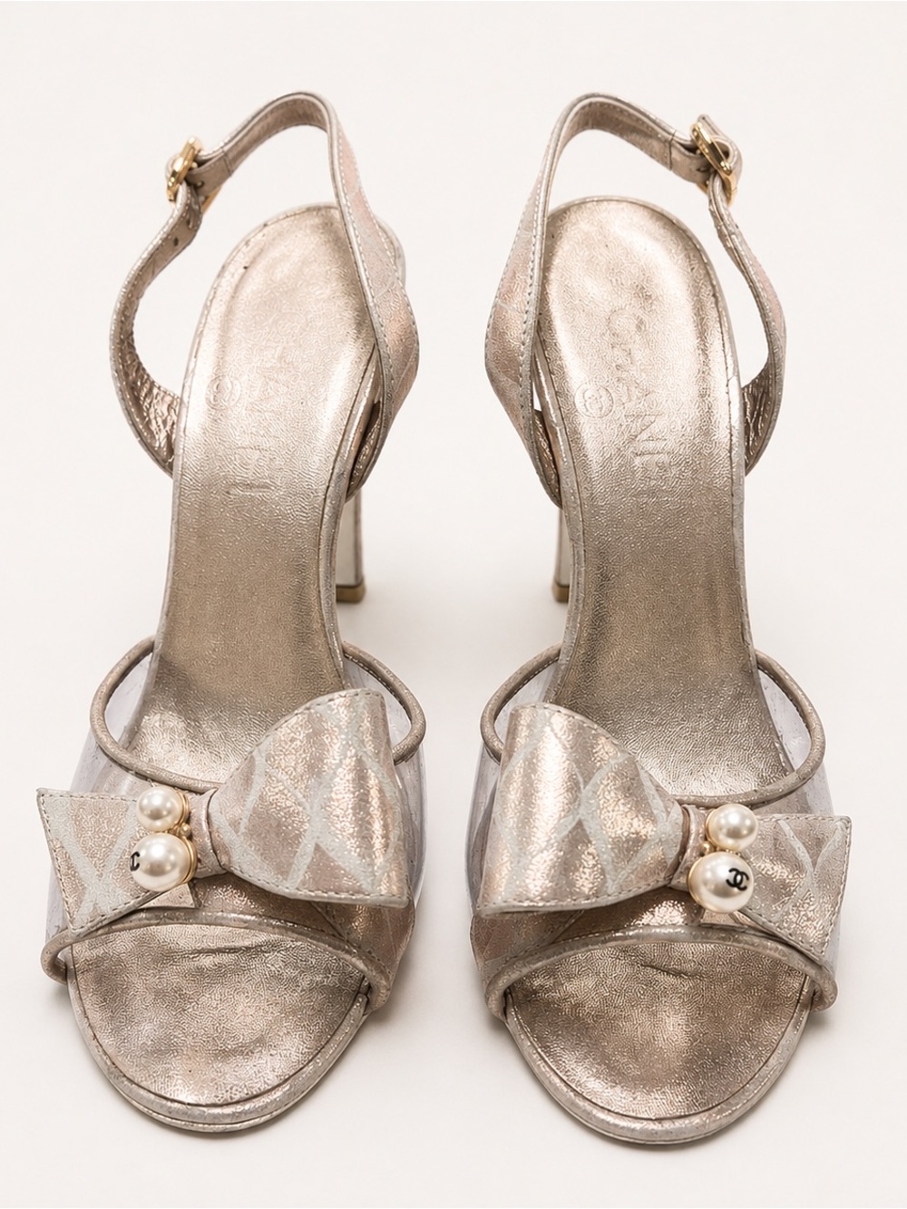 CHANEL Champagne D’orsay Bow Top Heels 36.5”